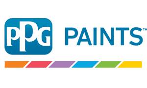 PPG Paints Logo with orange, red, purple, blue, green, and yellow bars under it